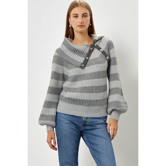 Derek Lam 10 Crosby Gray Striped Button Neck Sweater Ribbed Knit Small - Picture 2 of 7